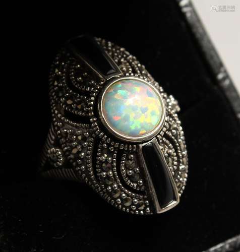 A PAIR OF SILVER OPAL AND ONYX DECO STYLE RING