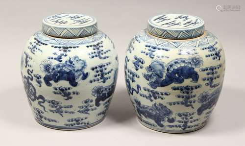 A PAIR OF CHINESE BLUE AND WHITE PORCELAIN JARS AND COVERS, ...