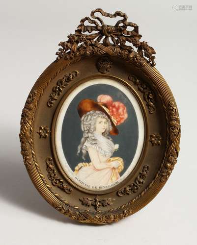 A SUPERB OVAL FRAMED PORTRAIT OF DUCHESSE DE DEVONSHIRE. 5in...