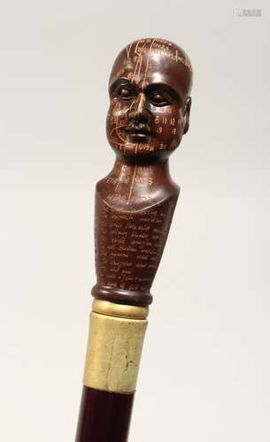 A NOVELTY WALKING STICK, the handle as a phrenology head 36i...