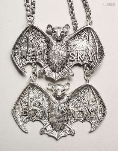 A PAIR OF SILVER PLATE BATS WINE LABELS Whisky and Brandy