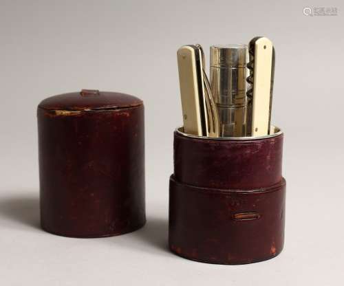 A JOSEPH ROGERS TRAVELLING CUTLERY SET in a leather case 6in...
