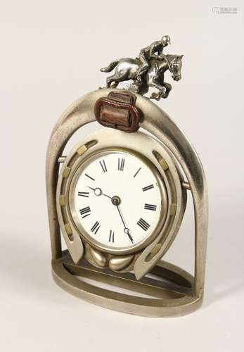 A HORSESHOE CLOCK, with horse and rider 10ins high.