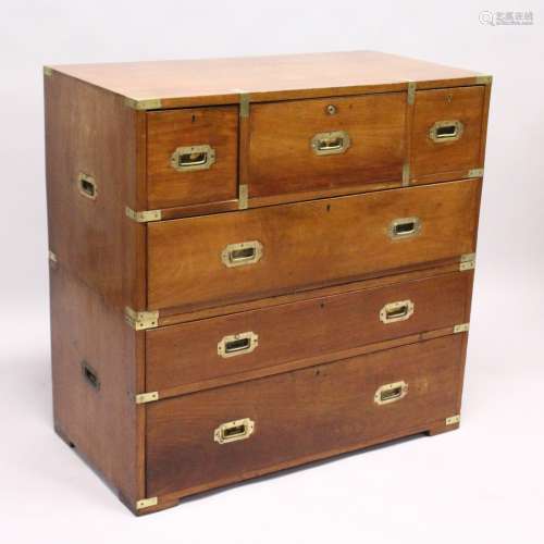 A GOOD 19TH CENTURY TWO PIECE MILITARY CHEST with secretaire...