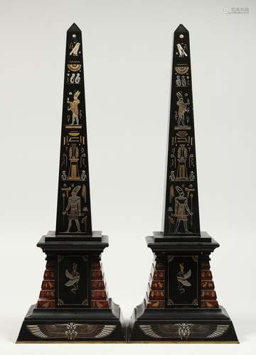 A VERY GOOD PAIR OF EGYPTIAN MARBLE OBELISK with Egyptian fi...