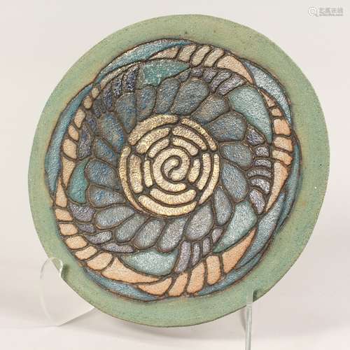 A STUDIO POTTERY CIRCULAR DISH 13ins diameter