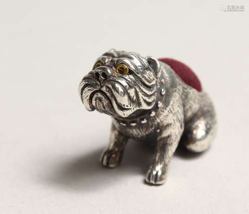 A NOVELTY SILVER BULL DOG PIN CUSHION