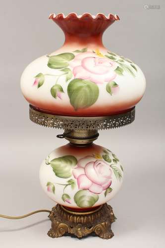 A VICTORIAN OPALINE AND METAL OIL LAMP AND STAND converted t...