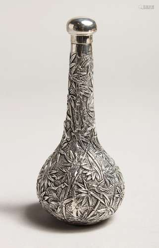 A CHINESE SILVER PERFUME BOTTLE wit bamboo design. 4ins high