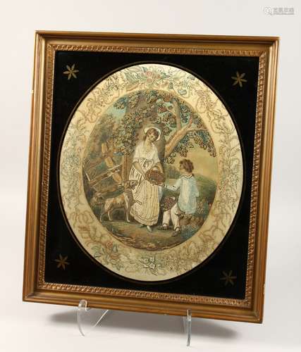 A GEORGIAN SILKWORK FRAMED AND GLAZED OVAL PICTURE of a youn...