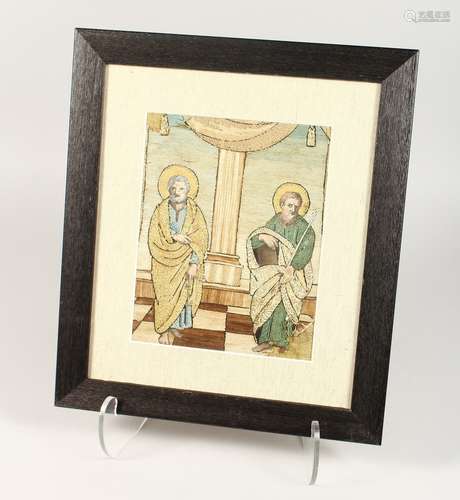 AN 18TH CENTURY SILKWORTH FRAMED PICTURE OF TWO SAINTS 9ins ...