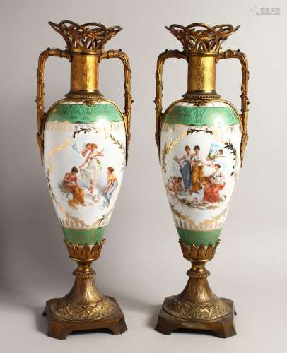 A TALL PAIR OF 19TH CENTURY CONTINENTAL PORCELAIN TWO HANDLE...