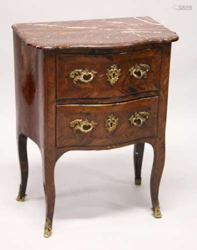 AN 18TH CENTURY FRENCH KINGWOOD, ORMOLU AND MARBLE TWO DRAWE...