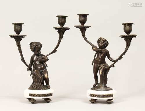 A PAIR OF FRENCH STYLE BRONZE CHERUBS AND MARBLE TWIN BRANCH...