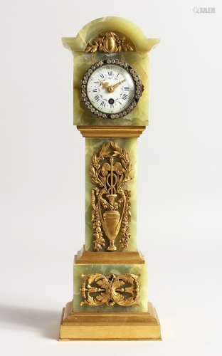 A SUPERB 19TH CENTURY ONYX MINIATURE LONGCASE CLOCK, the whi...
