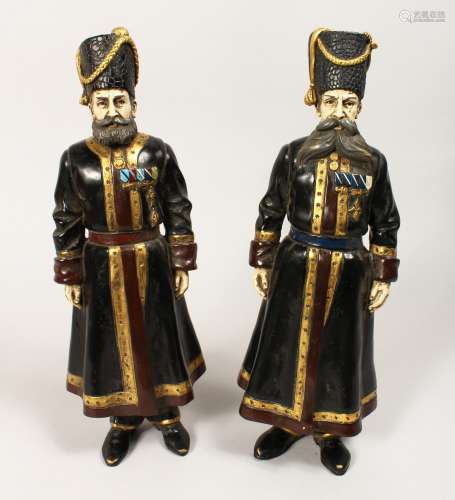 A LARGE PAIR OF COLD PAINTED BRONZE FIGURES OF RUSSIAN COSSA...
