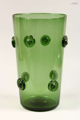 A LARGE GREEN TINTED VASE, possibly WHITEFRIARS. 13ins high.