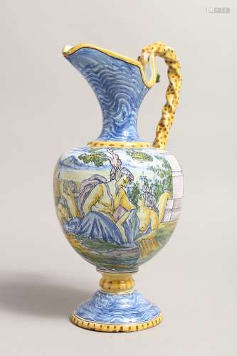 A GOOD MAJOLICA EWER with a classical scene 12ins high.