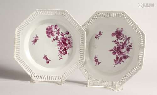 A PAIR OF 19TH CENTURY BERLIN OCTAGONAL PLATES with painted ...