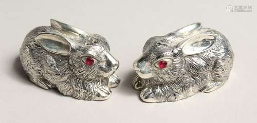 A PAIR OF .800 SILVER PLATED RABBIT SALT AND PEPPERS