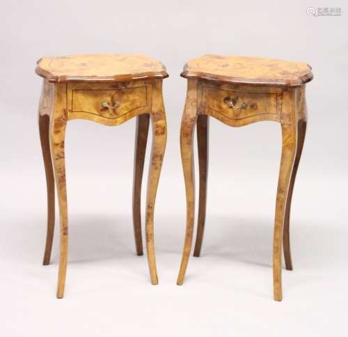 A PAIR OF FRENCH STYLE BURR WOOD SINGLE DRAWER BEDSIDE TABLE...