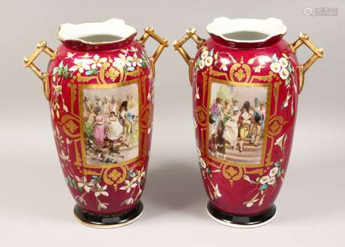 A LARGE PAIR OF 19TH CENTURY FRENCH PORCELAIN TWO HANDLED VA...