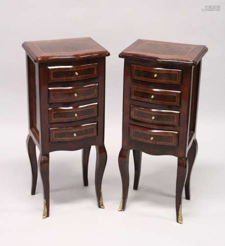 A PAIR OF FRENCH STYLE, MAHOGANY AND BURR WOOD FOUR DRAWER, ...