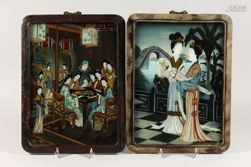 A GOOD PAIR OF CHINESE REVERSE PAINTINGS ON GLASS of two gei...