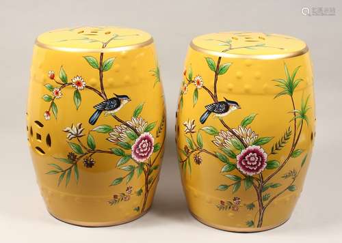 A PAIR OF CHINESE PORCELAIN BARREL SEATS, yellow ground, dec...