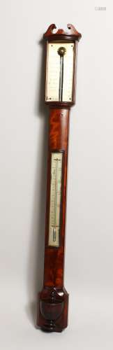 A GOOD 19TH CENTURY MAHOGANY BOW-FRONTED STICK BAROMETER AND...