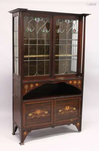 AN ART NOUVEAU MAHOGANY INLAID CHINA CABINET with a pair of ...
