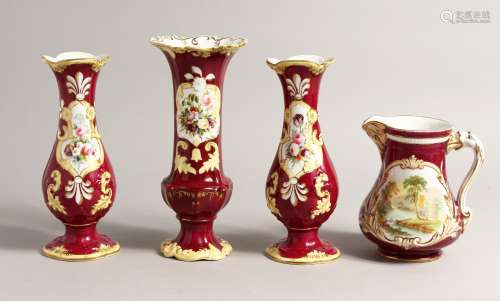 A GARNITURE OF THREE FLORAL VASES AND A JUG (4)