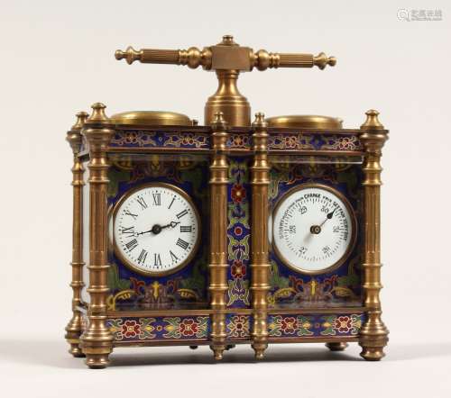AN UNUSUAL BRONZE AND CHAMPLEUVE ENAMEL DOUBLE CARRIAGE CLOC...