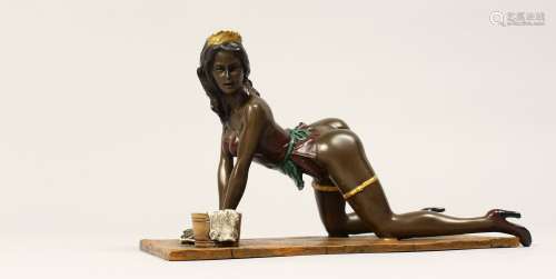 AN EROTIC BRONZE GROUP OF A SEMI NUDE WOMAN, cleaning a floo...