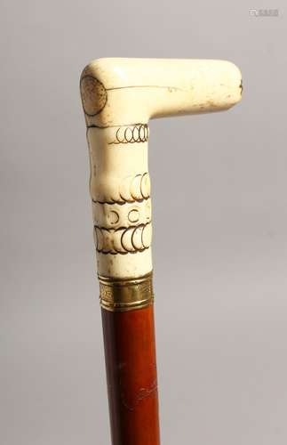 A 19TH CENTURY WALKING STICK with bone handle 31ins long