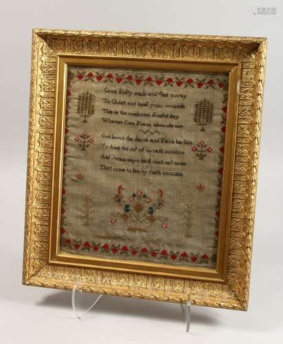 A GOOD SAMPLER in a gilt frame by LOUISE SIMONS, AGE SEVEN. ...