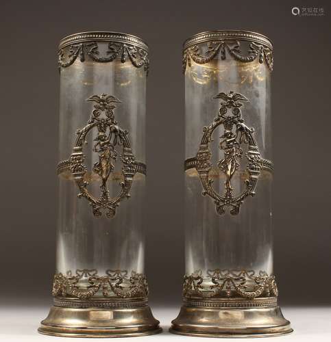 A GOOD PAIR OF TALL FRENCH GLASS CIRCULAR VASES with silver ...