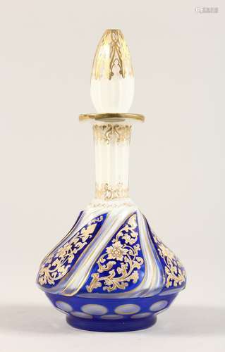 A BOHEMIAN OVERLAY GLASS SCENT BOTTLE AND STOPPER. 8ins high...