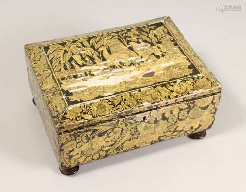 A REGENCY POKERWORK JEWELLERY BOX with fitted interior on fo...