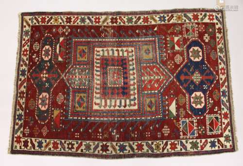 AN UNUSUAL SMALL CAUSASIAN SHIRWAN RUG, claret ground with s...