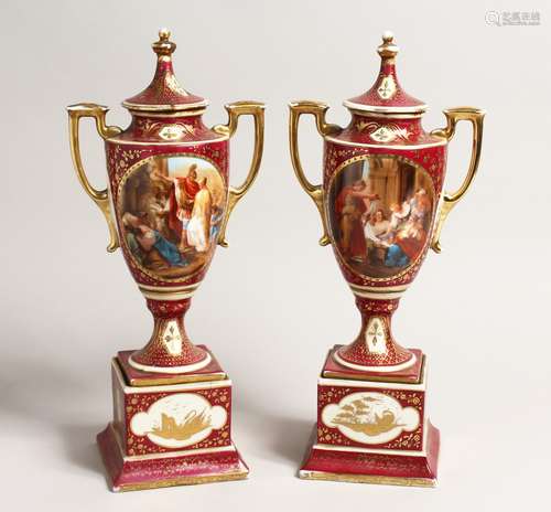 A PAIR OF 19TH CENTURY VIENNA TWO HANDLED URN SHAPE VASES AN...