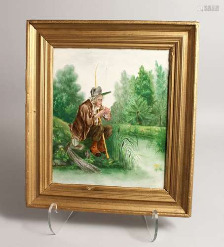 A FRENCH PORCELAIN PLAQUE, men fishing 11ins x 9ins