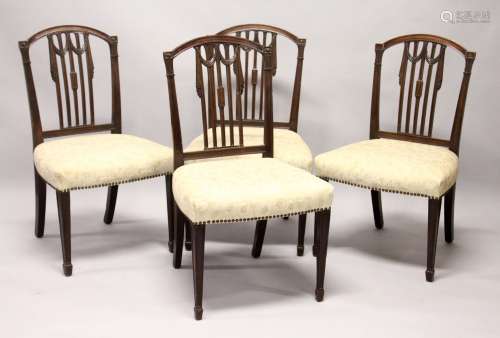 A SET OF FOUR HEPPLEWHITE DESIGN MAHOGANY DINING CHAIRS, wit...