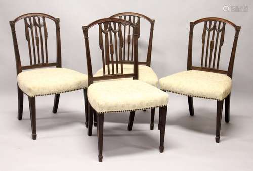 A SET OF FOUR HEPPLEWHITE DESIGN MAHOGANY DINING CHAIRS, wit...