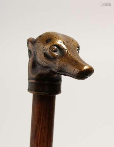 A SMALL WALKING STICK with cast greyhound handle 33ins long