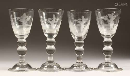 A SET OF FOUR HEAVY WINE GLASSES engraved with a man fishing...