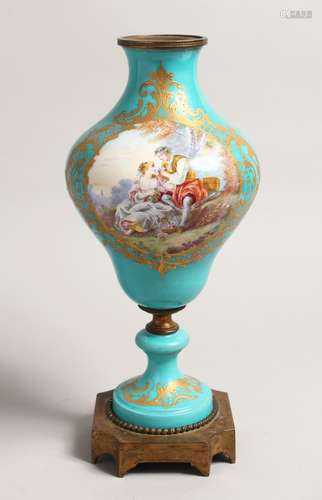 A GOOD 19TH CENTURY SEVRES BLUE GROUND LAMP BASE painted wit...