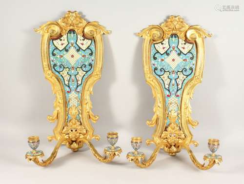 A SUPERB PAIR OF FRENCH, ORMOLU AND ENAMEL TWO LIGHT WALL SC...