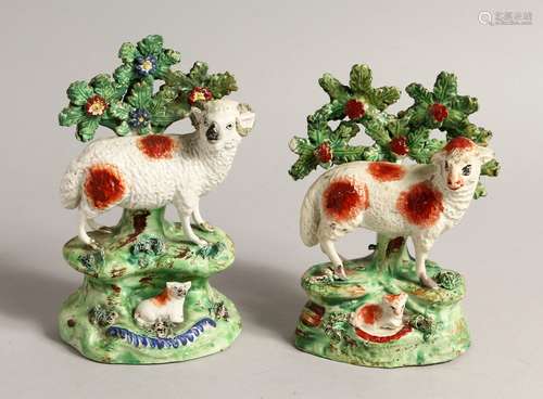 A PAIR OF STAFFORDSHIRE BOCAGE GROUP OF SHEEP AND LAMBS with...