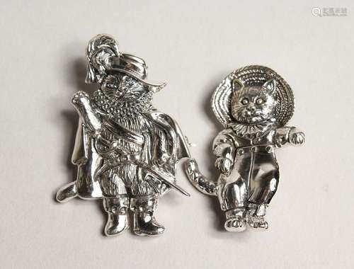 TWO SILVER CHARACTER CAT BROOCHES